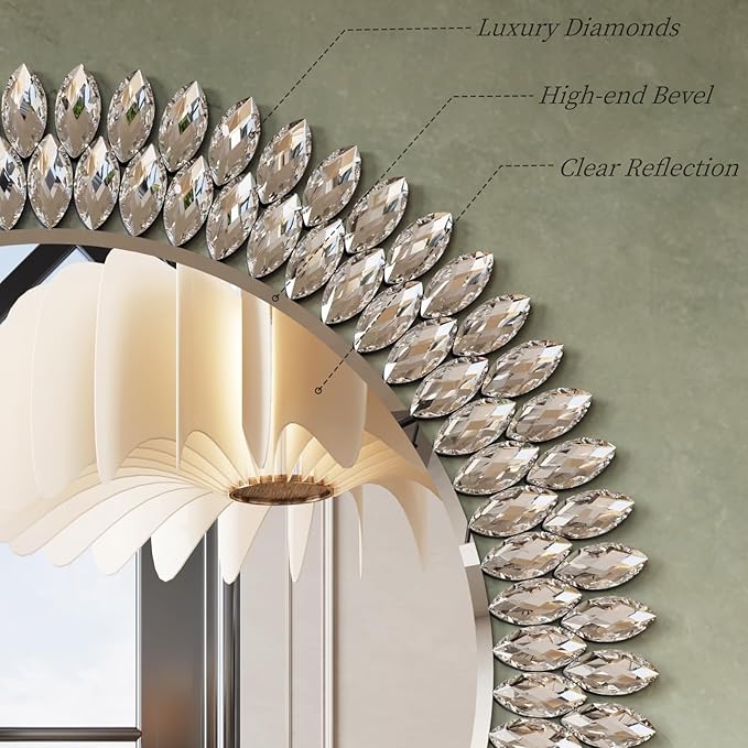Kelly Miller Round Jeweled Mirror for Wall Decor, 32 in Modern Decorative Wall Mirror with Luxury Diamonds Beveled Vanity Mirror for Bedroom, Living Room, Bathroom, Hallway, Entryway, Fireplace-Ruum Studio Home