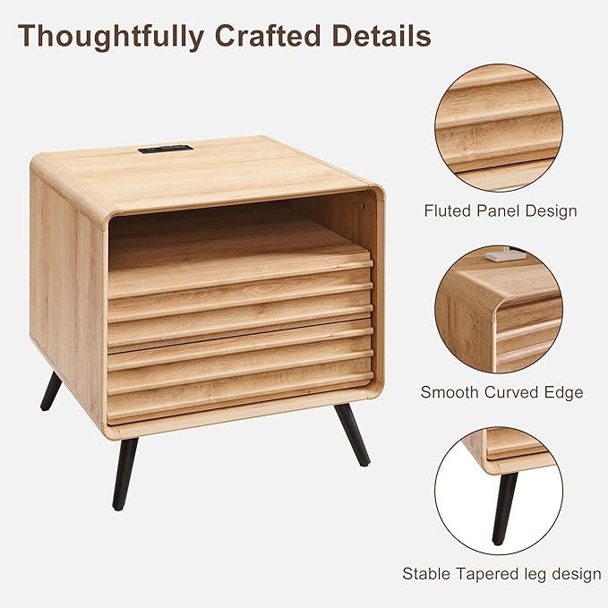 RedLemon 24" Nightstand Set of 2 with Charger Station, Mid Century Modern Fluted End Table with 2 Drawers, Wooden Side Table with Open Cubby Storage for Living Room, Bedroom, Office(Natural Oak)-Ruum Studio Home
