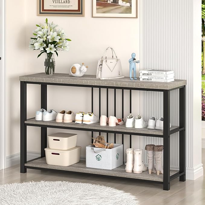 FOLUBAN Console Tables for Entryway, Sofa Table with 3 Tier Storage for Living Room Hallway Foyer Behind Couch, Rustic Light Grey-Ruum Studio Home