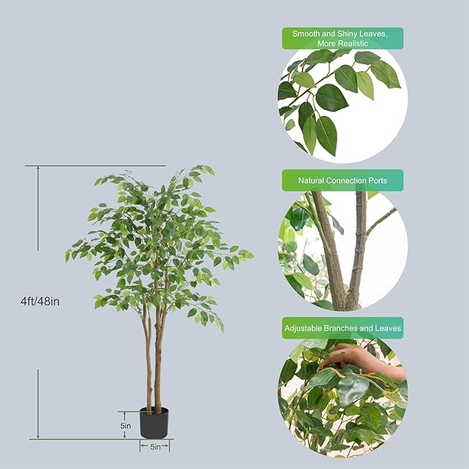 Tall UV Resistant Ficus Tree Artificial，4ft(48in) Faux Ficus Tree with Realistic Smooth and Shiny Leaves， Fake Trees Indoor Outdoor for Home Office Living Room Bedroom Foyer Porch Decor.-Ruum Studio Home