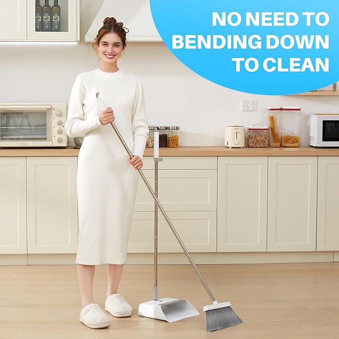 JOYMOOP 2 Pack Broom and Dustpan Set, Black and White Combo, Upright Angle with Built-in Comb Teeth for Pet Hair and Hard Floors-Ruum Studio Home
