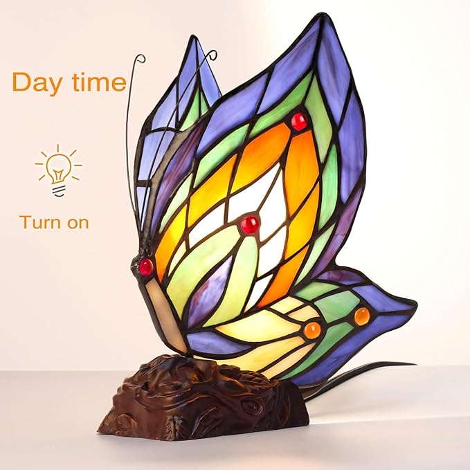 Tiffany Butterfly Table Lamp, 9'' Tall Vintage Stained Glass Lamp, Fairy Reading Night Light for Bedroom Living Room, 1 LED Bulb Included-Ruum Studio Home