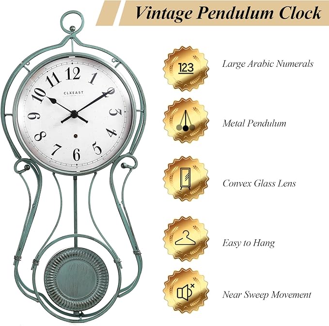 CLXEAST 20 Inch Metal Pendulum Wall Clock Battery Operated,Large Schoolhouse Wall Clocks for Living Room Decor,Antique Aged Teal Green Finish,House Warming Gifts New Home-Ruum Studio Home