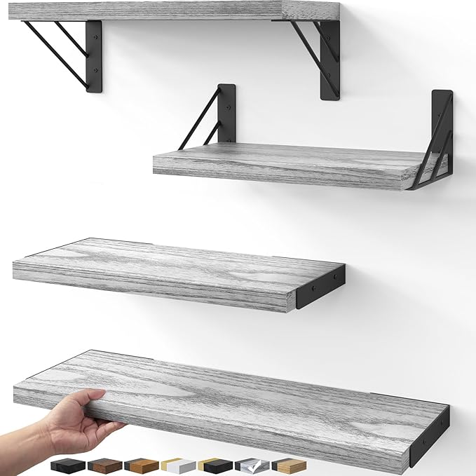 BAYKA Wall Shelves for Bedroom Decor, Floating Wall Shelves for Living Room Kitchen Storage, Wall Mounted Rustic Wood Floating Shelves for Kids Books, Corner Shelf for Bathroom(Gray White，Set of 4)-Ruum Studio Home