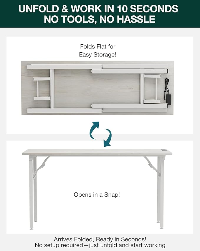 Frylr Small Folding Computer Desk – 55.1 Inch Portable Table for Craft and Study, Lightweight Desk for Small Spaces, Foldable Laptop Table Built-in AC/USB Outlets for Convenience, White Ash-Ruum Studio Home