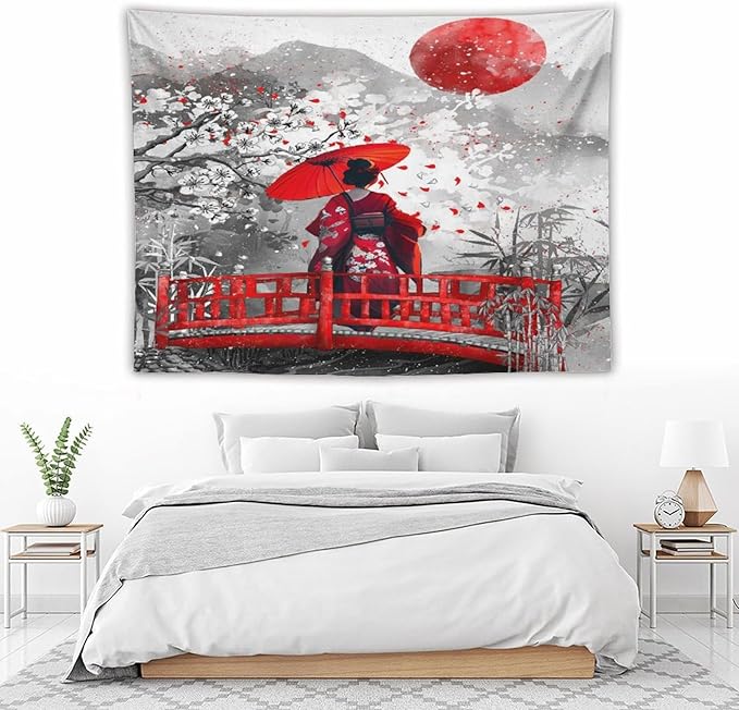 Japanese Red Geisha Tapestry Asian Cherry Blossom Red Sun Traditional Kimono Folk Tapestries Home Decor for Living Room Bedroom Apartment Farmhouse Dorm 80"x60"-Ruum Studio Home