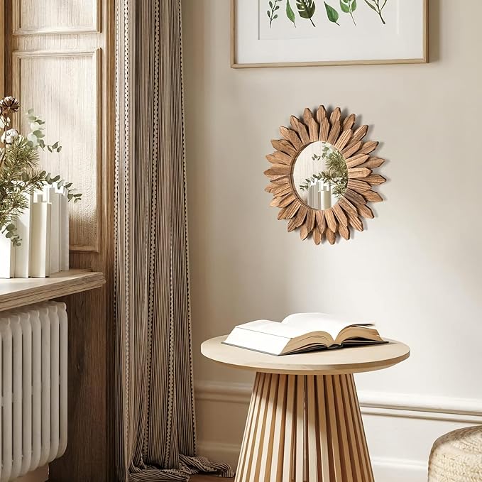Honiway Wall Mirror Decorative 12 inch Rustic Wood Mirror Sunburst Boho Mirror for Entryway Bedroom Living Room Bathroom House Warming Gifts New Home Essential Carbonized Black-Ruum Studio Home