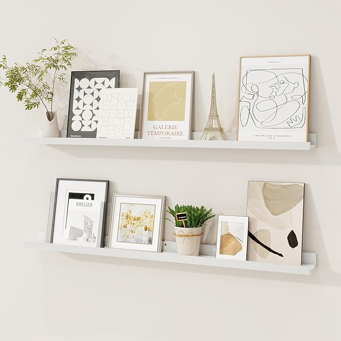 Picture Ledge Shelf, Solid Pine Wood Floating Shelves Set of 2, 36 Inches Nursery Book Shelves for Toys Storage, Kids Bookshelf Wall Mounted for Living Room Bedroom Decor Books Photo Frames, White-Ruum Studio Home