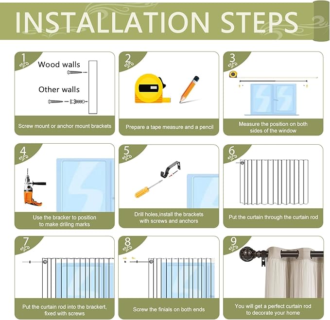 Bronze Farmhouse Curtain Rods for Windows:Heavy Duty Adjustable Curtain Rod for Bedroom Living Room,Boho Decorative Rustic Drapery Rods with Vintage Coastal Finial,Antique Bronze 2 Pack 36-88"-Ruum Studio Home