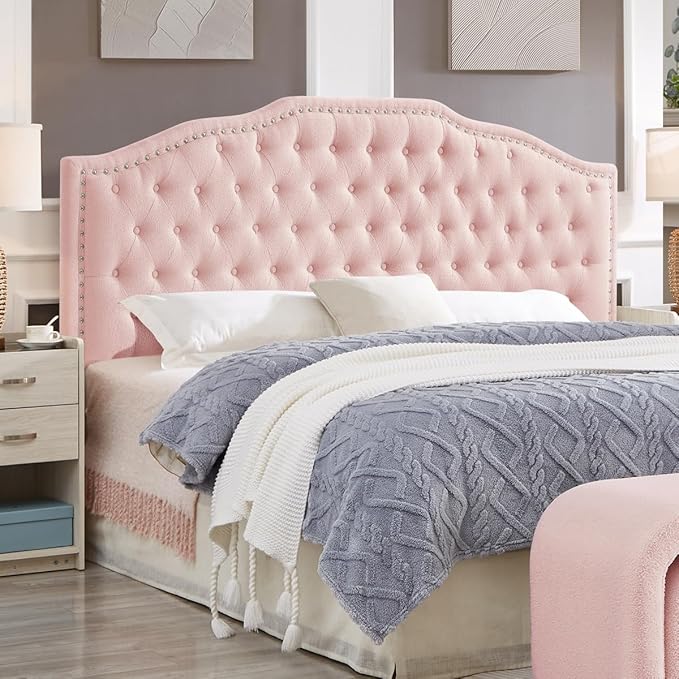24KF Upholstered Button Tufted King Size Headboard with Nailhead Trim, Elegant Boucle Fabric California King headboard, 6031-K-Boucle-Pink-Ruum Studio Home