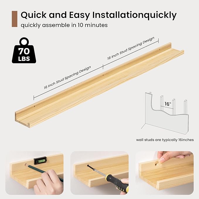 Picture Ledge Shelf, Solid Pine Wood Floating Shelves Set of 2, 40 Inches Nursery Book Shelves for Toys Storage, Kids Bookshelf Wall Mounted for Living Room Decor Photo Frames, Unfinished Natural-Ruum Studio Home