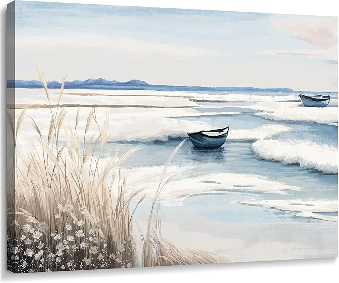 amatop Coastal Wall Art - Nautical Ocean Canvas Print with Light Blue & White Seascape, Boat, Reeds - Beach Picture for Modern Farmhouse, Lake House, Bedroom, Bathroom, Beach-Themed Artwork，16x12-Ruum Studio Home