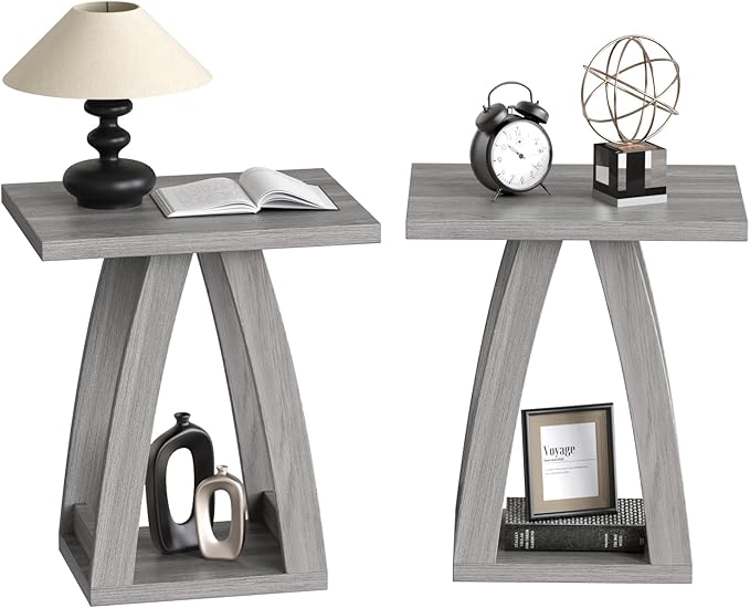 End Tables Living Room, Side Table Beside Sofa, Nightstand for Bedroom, Couch Side Table with Shelf, Modern End Table for Living Room, Grey End Table Set of 2-Ruum Studio Home
