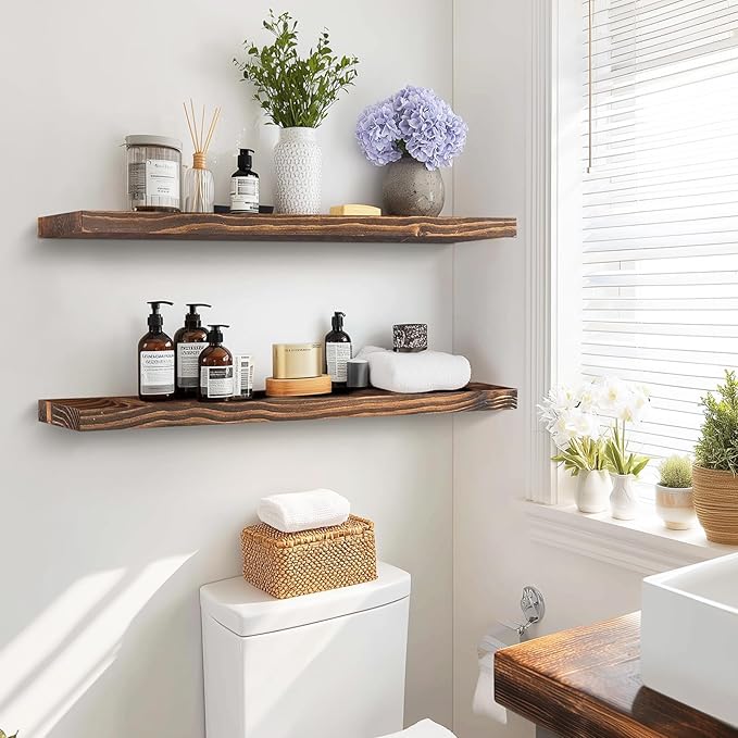 36"x6.8"x1.2" Solid Wood Floating Shelves 2-Pack - Rustic Brown Finish with Hidden Brackets, Perfect for Storage and Décor in Living Room, Kitchen, Bedroom-Ruum Studio Home