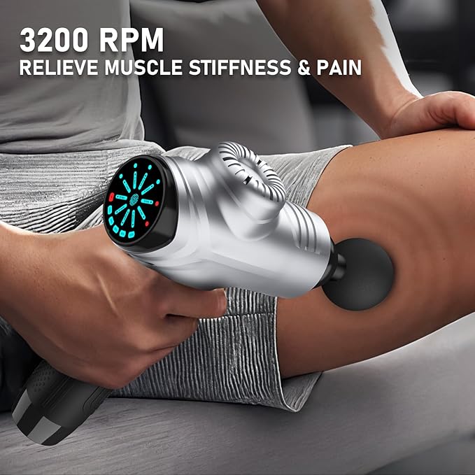 RAEMAO Massage Gun, Handheld Electric Deep Tissue Muscle Massager for Athletes for Pain Relief Attaching 8 Replacement Heads, Percussion Massager with 10 Speeds, Father's Day Gifts, Silver-Ruum Studio Home