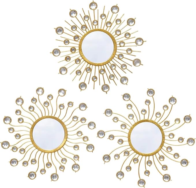 Mirror Wall Decor Wall Mirrors Decorative Sunburst Boho Mirror Gold Mirror Wall Art Metal Decor Mirror Hanging Living Room Bedroom Bathroom Set of 3-Ruum Studio Home