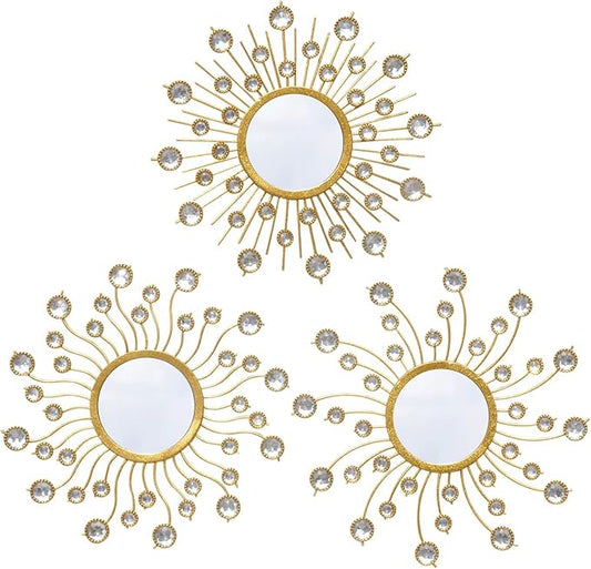 Mirror Wall Decor Wall Mirrors Decorative Sunburst Boho Mirror Gold Mirror Wall Art Metal Decor Mirror Hanging Living Room Bedroom Bathroom Set of 3-Ruum Studio Home