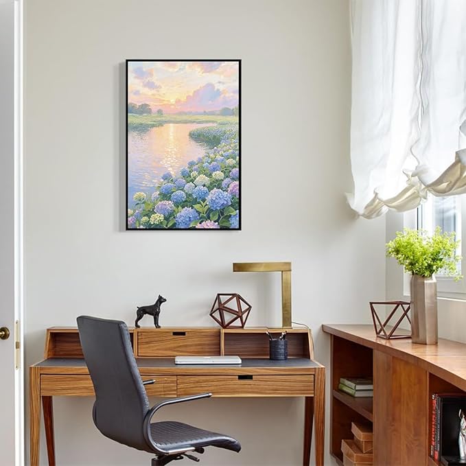 The hydrangea scenery all over the lake at sunset is suitable for posting in the living room bedroom office landscape poster wall painting-Ruum Studio Home