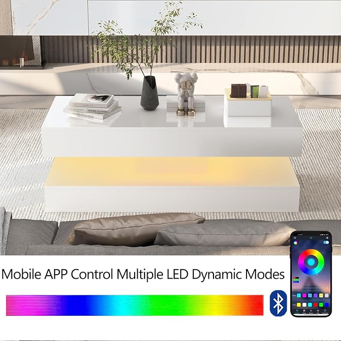 Uspeedy 47.3IN High Glossy LED Coffee Table,APP LED Lights,Black/White, Modern Furniture for Living Room (White)-Ruum Studio Home