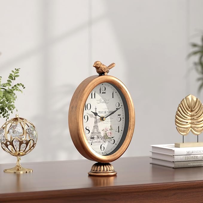 Vintage Table Clock with Bird, Desk and Shelf Decor Clock, French Paris Style, Antique Gold Metal Mantel Clocks for Living Room, Farmhouse, Bedroom, Bedside, Gift (10" H x 5.9" W)-Ruum Studio Home