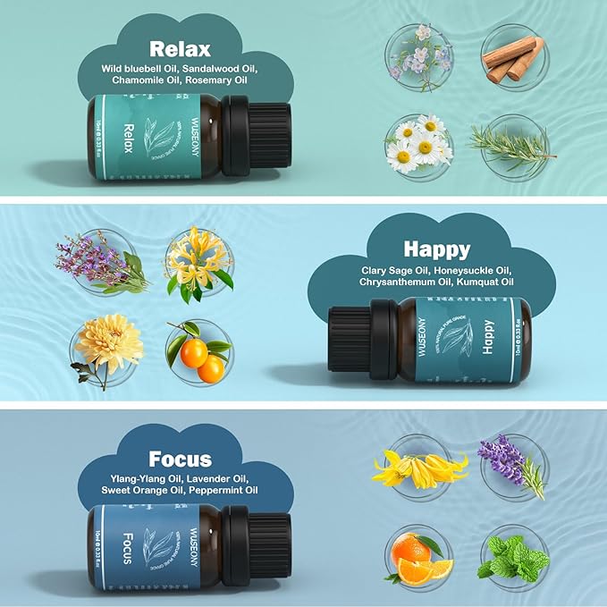 Well-Being Essential Blends Oils Set, Aromatherapy Oils Gift Set for Diffusers Home, Fragrance Oil Scent for Candle Soap Making - Happy, Calm Mind, De-Stress, Relax, Focus, Sweet Dreams-Ruum Studio Home