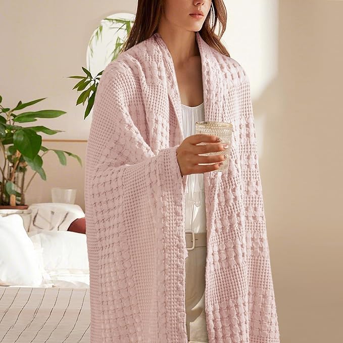 PHF 100% Cotton Waffle Weave Throw Blanket, Soft Lightweight Breathable Cozy Summer Throws for Couch Bed Sofa, Luxury Aesthetic Woven Blanket for Home Decor & Office, 50"x60", Pink/Mauve-Ruum Studio Home