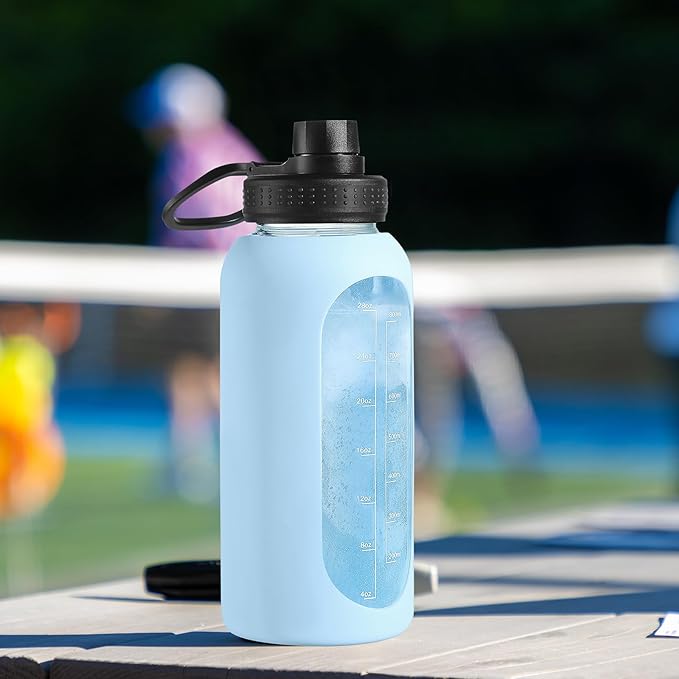 32 oz Glass Water Bottle with Straw and Handle, Sports Motivational Water Flask with Silicone Sleeve, Large Leakproof Water Flask Cup with Time Marker for Travel, Gym, Purple-Ruum Studio Home