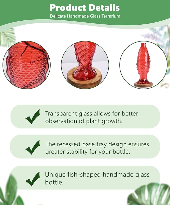 Nacome Fish Vase Glass Plant Terrarium with Wooden Stand,Planter Propagation Station for Home Office Hydroponics Desk Decoration,Unique Gardening Gifts for Plant Lovers Women Mom(Red)-Ruum Studio Home