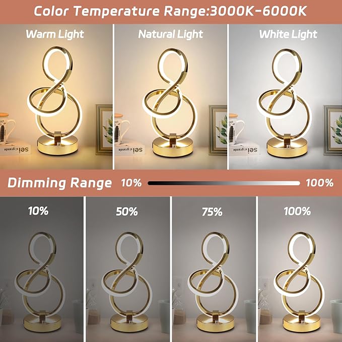 Modern Table Lamp, LED Bedside lamp with USB C+A ports, Touch Stepless Dimmable Nightstand lamp, Unique Spiral Table lamp for Bedroom Living Room Home Office, Spiral lamp for Ideal Gift, Gold-Ruum Studio Home