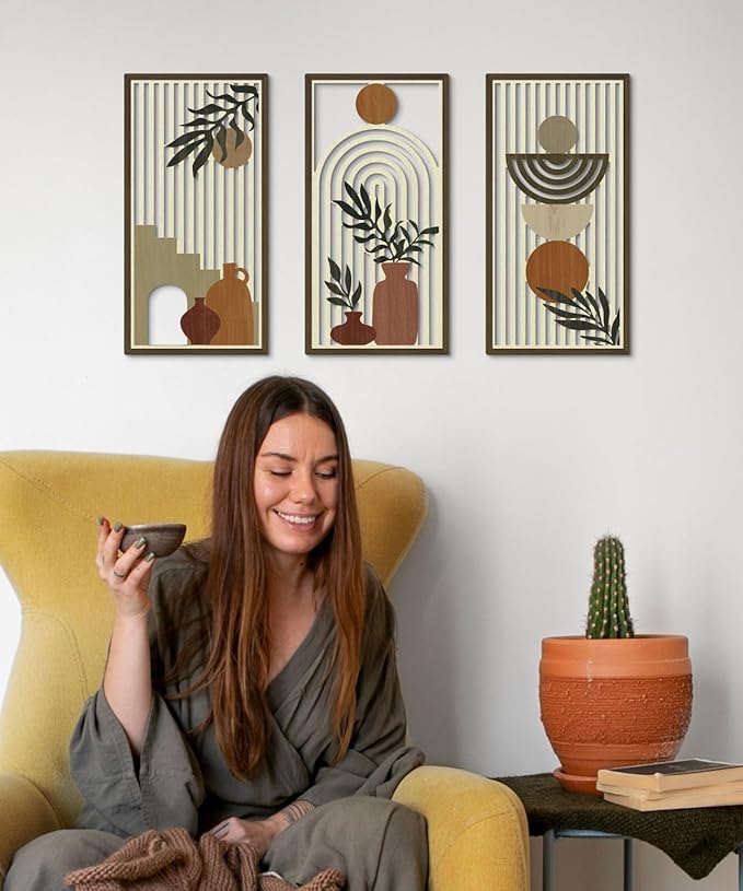 Putuo Decor Boho Wall Art Set of 3, Abstract Geometric Wooden Wall Decor, Mid-Century Modern Aesthetic Artwork with Arch, Vase & Botanical Design for Living Room, Bedroom, Office, 16.5 x 8.6 Inch-Ruum Studio Home