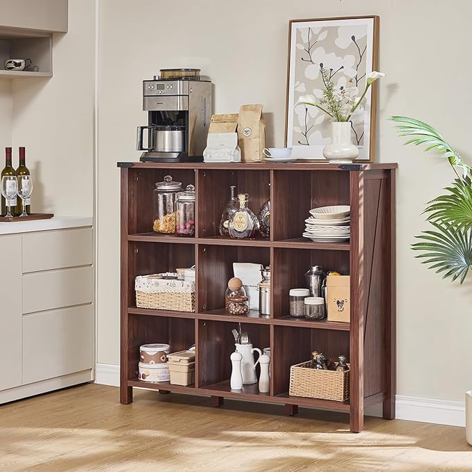 9 Cube Bookcase, Farmhouse 47 Inch Wide Brown Walnut Bookshelf, Wooden 3 Tier Display Large Open Book Shelf, Vintage Horizontal Book Case for Home Office, Cubby Storage Cabinet for Living Room-Ruum Studio Home