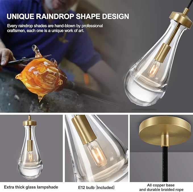 Raindrop Pendant Lights Set of 2, Brass Pendant Lights Kitchen Island, Gold Island Light for Kitchen Dining Room Light Fixture, Chandelier for Living Room Bedroom Bathroom, Bulb Included-Ruum Studio Home