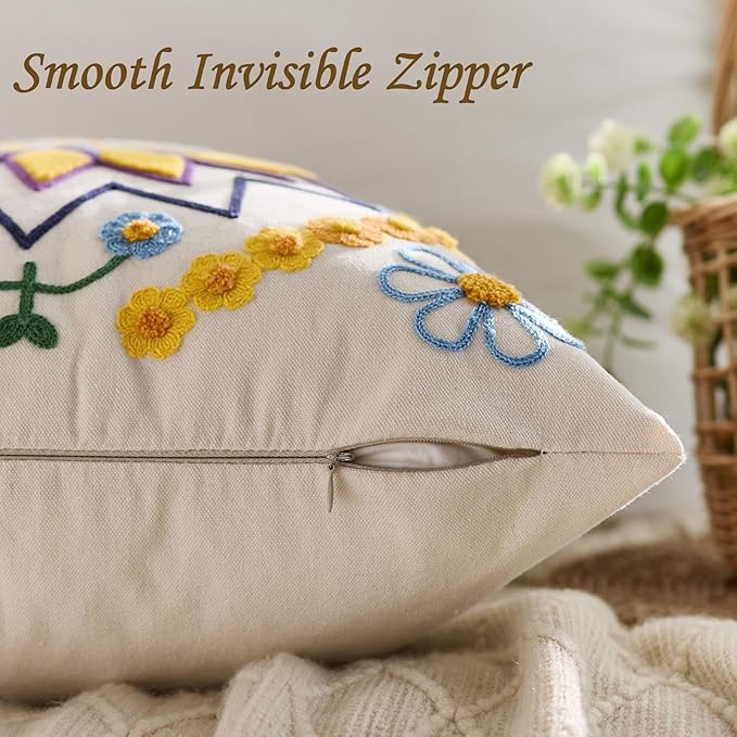 Embroidered Throw Pillow Cover 18x18 Classic Boho Floral Pattern Pillows Cover Outdoor Decorative Pillowcase,Durable Cozy Textured Cushion Case for Sofa Couch Bed Living Room,Yellow-Ruum Studio Home