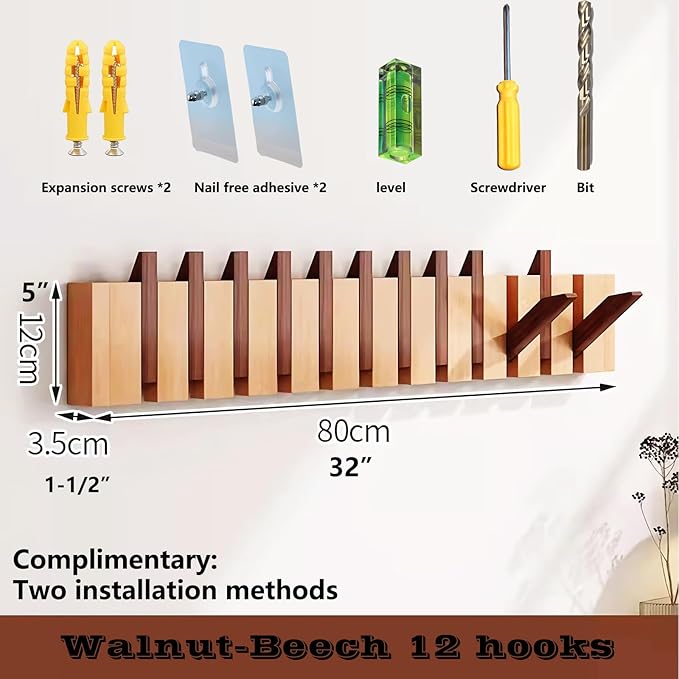 Wall Mounted Piano Key Hanger | Flip Style Hook | Entrance Wall Art Hook, Made of Oak Wood (3 Times Painted, 4 Times Polished) (Walnut-Beech, 12Hooks)-Ruum Studio Home