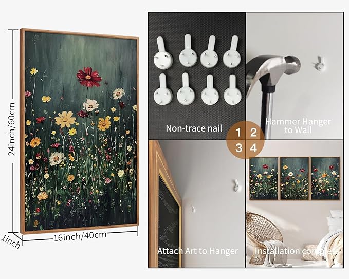 SIGNINART Vintage Floral Framed Canvas Wall Art, Dark Moody Wildflowers Wall Decor, Boho Abstract Flowers Artwork, Colorful Botanical Aestheticrt Art Paintings for Bedroom Living Room Office 16"x24"x3-Ruum Studio Home