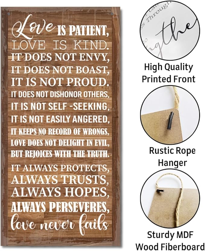 1 Corinthians 13:4-8 Inspirational Hanging Wood Decor Sign, Printed Wood Sign, Love is Patient, Love is Kind Quote, Hanging Bible Verses Woods Wall Signs, Rustic Home Decor Signs, Christian Gift I1-Ruum Studio Home