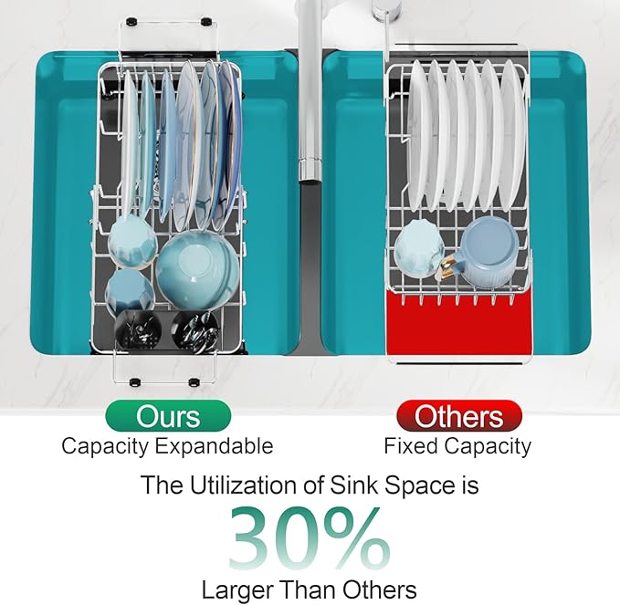 GSlife Expandable in Sink Dish Drying Rack Small with Silicone Mat - Stainless Steel Capacity Adjustable Over The Sink Dish Rack with Utensil Holder for Counter or Inside Sink (12.4" -16.8"), Silver-Ruum Studio Home