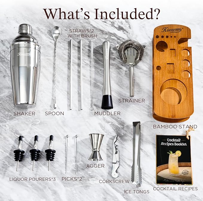 KITESSENSU Cocktail Shaker Set Bartender Kit with Stand | Bar Set Drink Mixer Set with All Essential Accessory Tools: Martini Shaker, Jigger, Strainer, Mixer Spoon, Muddler, Liquor Pourers |Silver-Ruum Studio Home