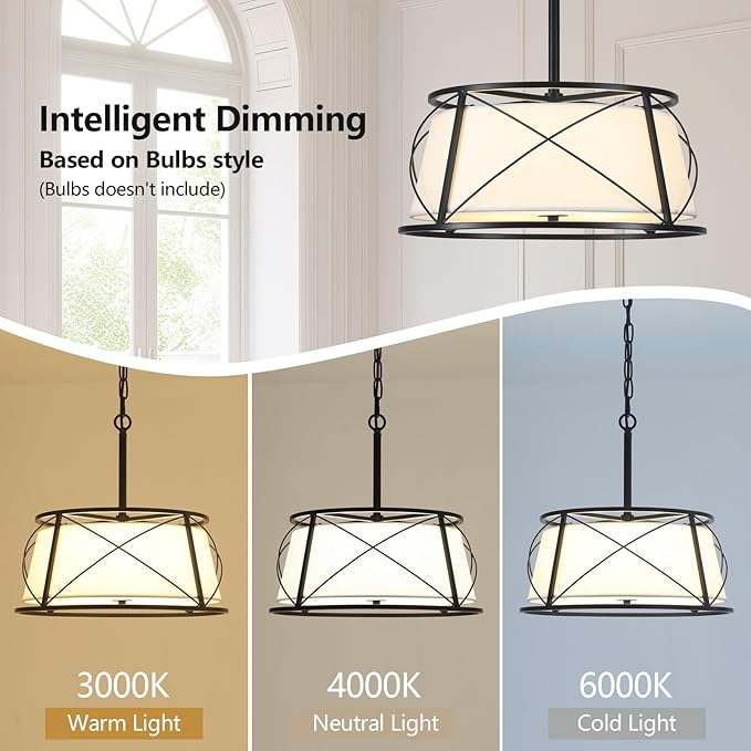 15.7" Black Drum Chandelier,3-Light Modern Farmhouse Chandelier,White Fabric Drum Shade Pendant Light Fixture for Dining Room Kitchen Island Bedroom Entryway-Ruum Studio Home