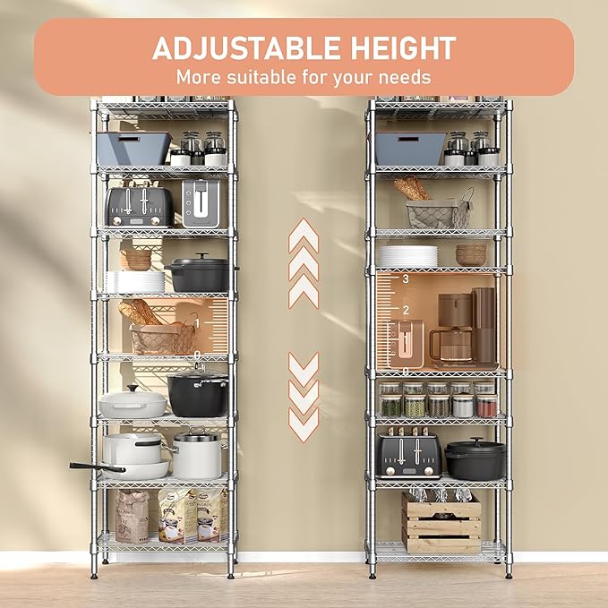 8 Tier 2000 lbs Storage Rack Metal Wire Shelving Unit, Storage Standing Shelf Organizer for Laundry Bathroom Kitchen Pantry Closet Garage Utility Room, Chrome 13.8" D x 23.6" W x 79.5" H-Ruum Studio Home