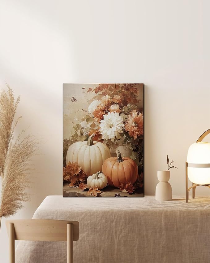 AbcCustomize Vintage Pumpkin Floral Wall Art Decor, Rustic Fall Daisy Flowers Canvas Print for Farmhouse Autumn Decor, Thanksgiving Decorations for Living Room Kitchen Dining Room, Ready to Hang-Ruum Studio Home