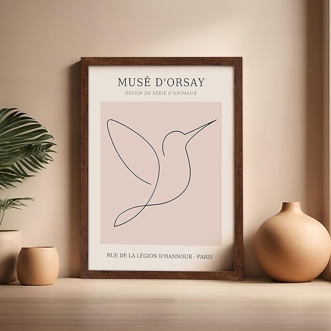 Poster Master Vintage Poster - Retro One Line Hummingbird Drawing Print - Bird Line Art - Minimal Gift for Him, Her, Animal Lover - Abstract Decor for Home, Office, 16x20 Brown Framed-Ruum Studio Home
