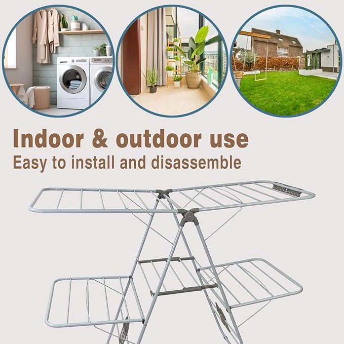 Large Capacity Double Drying Rack, Folding Rustproof Drying Rack with Non-Slip Clips and Drainage Shoe Rack, Height Adjustable, Airy and Quick Drying, Suitable for Balcony and Outdoor Use-Ruum Studio Home