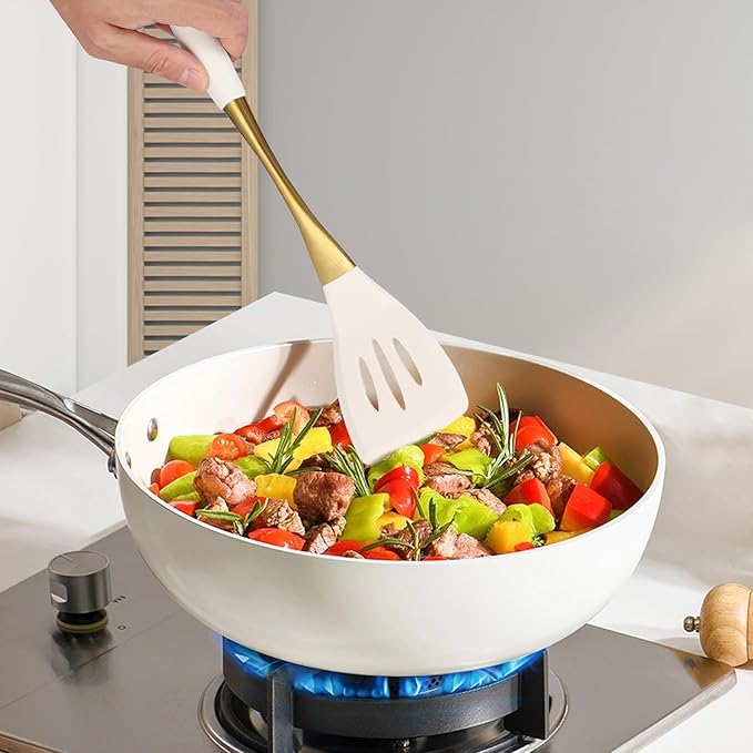 Elegant White Gold Silicone Cooking Utensils Set - Non-Toxic, Dishwasher Safe Kitchen Utensils Set with Heat Resistant Comfort Handles - Includes Spatula & Spoon for Nonstick Cookware-Ruum Studio Home