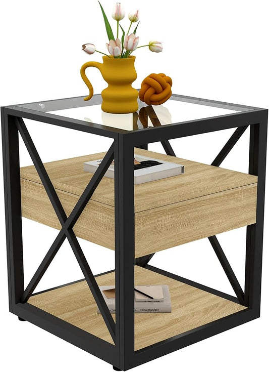 Farmhouse End Table, Modern Side Table with Drawer&3-Tier Storage Shelf, Square Rustic Nightstand, Accent Tea Table, for Bedroom Office Living Room, Brown, Natural Wood, Glass, Metal-Ruum Studio Home