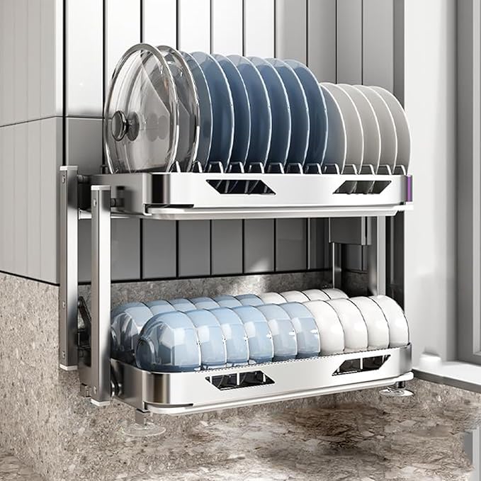 Dish Drying Rack with Drain Board - Rustproof Stainless Steel Dish Rack with Utensil Holder,Dish Racks for Kitchen Counter Over Sink,Over-Sink Drying Rack(Wall-Mounted,Second Floor)-Ruum Studio Home