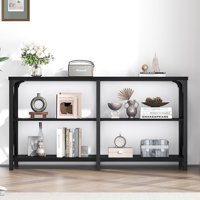 LVB Black Console Table, Modern Entryway Table with 3 Tier Storage Shelves, Industrial Sofa Table Behind Couch for Living Room, Farmhouse Wood Metal Entry Table for Hallway Foyer, Black Oak, 55 Inch-Ruum Studio Home