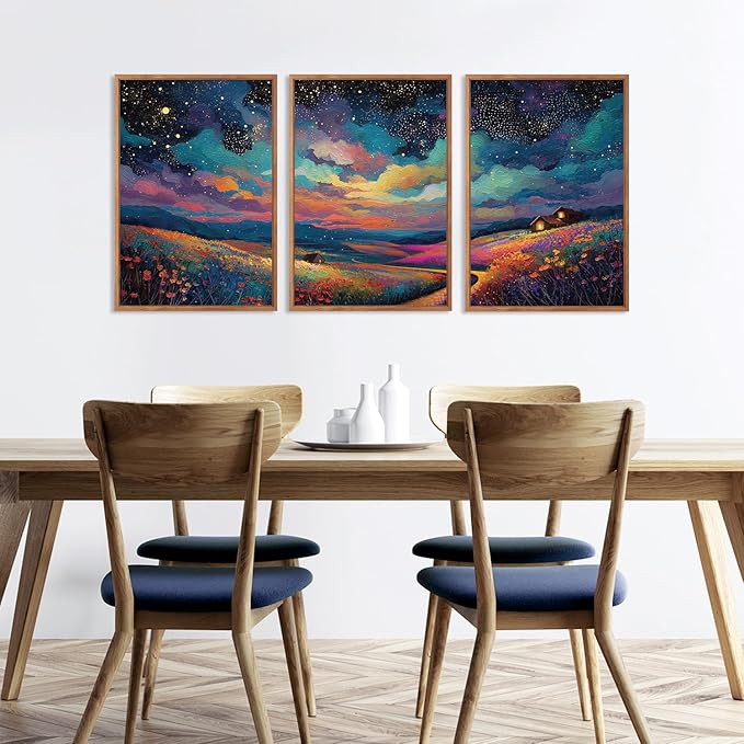 KAIRNE Framed Abstract Midnight Canvas Wall Art,Starry Night Prints Set of 3(16”X24”),Colorful Wildflowers Wall Decor,Nature Night Scene Paintings for Living Room Bedroom office Farmhouse Decoration-Ruum Studio Home