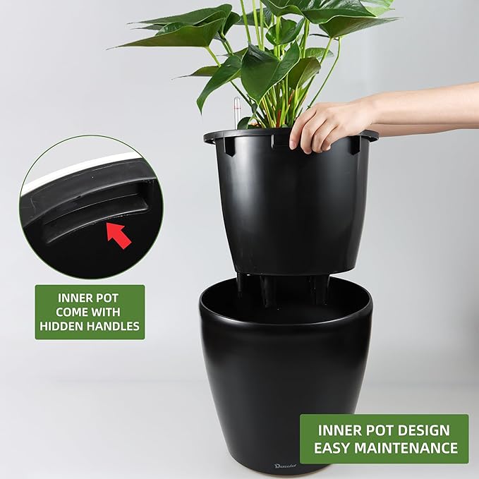 Dexceder 18x17 Self Watering Planter with Wheels Indoor Outdoor, Inner Pot Design, Thickened Large Floor Standing Flower Plant Pot with Water Level Indicator (Black Matte)-Ruum Studio Home