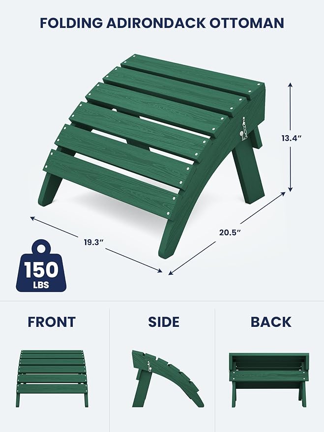 KINGYES Folding Adirondack Ottomans Set of 2 for Adirondack Chair, Green-Ruum Studio Home
